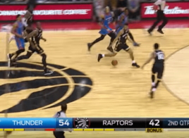 La passe du milieu de terrain de Westbrook entre les jambes de Cory Joseph