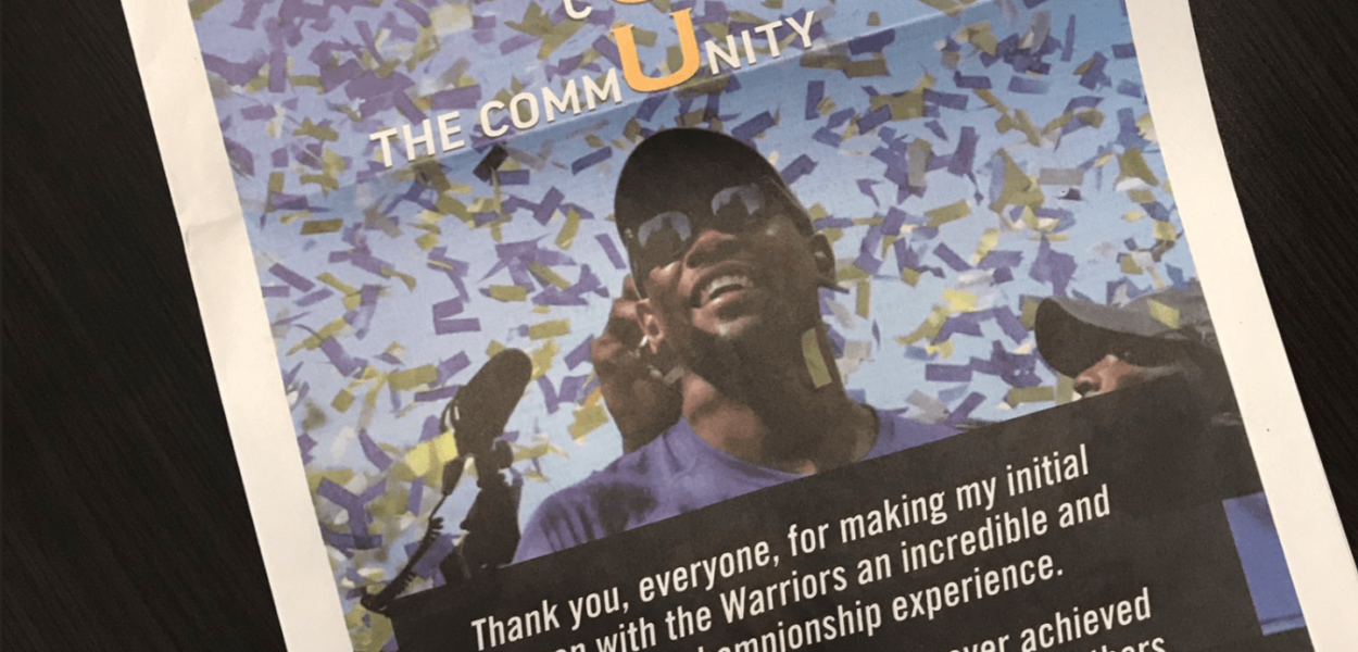 Kevin Durant s’offre une page complète dans le journal pour remercier la Dub Nation