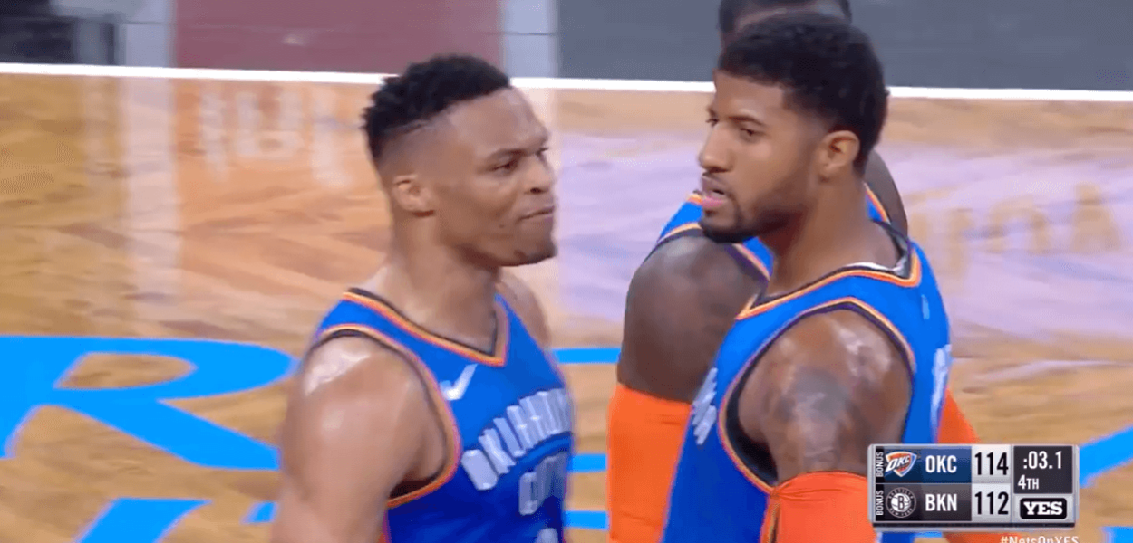 Paul George celebration Brooklyn Nets
